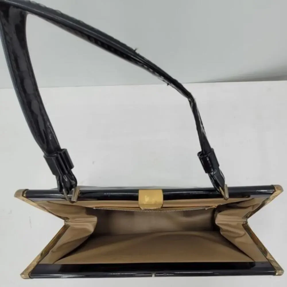 Vintage‎ 50s Patent Leather Vinyl Top Handle Clasp Frame Satchel Handbag Purse